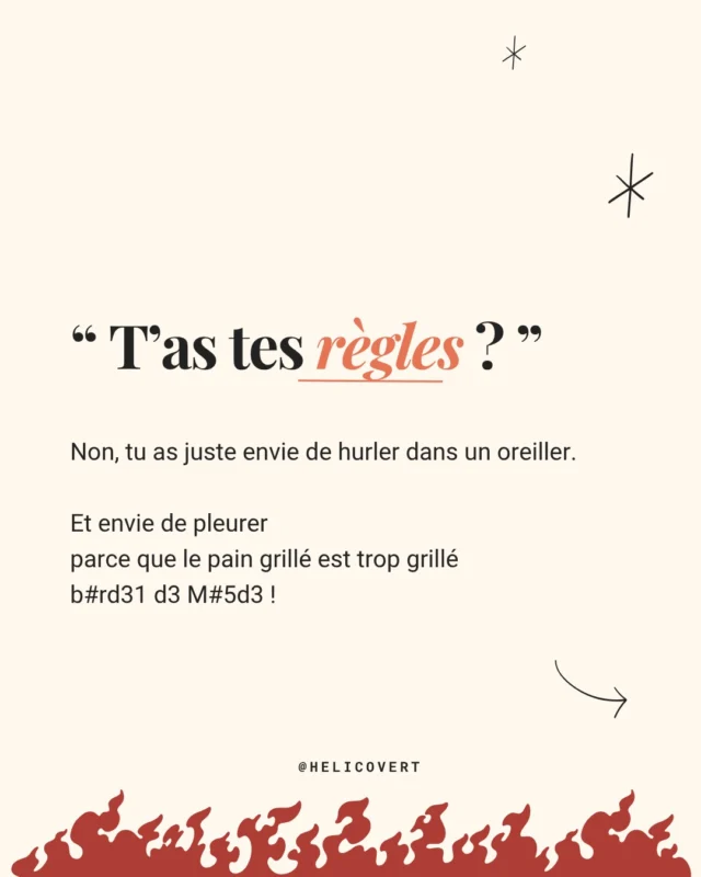 Tu la connais, cette phrase.
Celle qu’on te balance quand tu oses ressentir trop fort.
Quand tu pleures. Quand tu cries.
Quand t’en peux plus, et qu’on ose te sortir un “t’as tes règles ?”
Alors que NON. Pas du tout.
Elles arrivent dans une semaine.

Ce que tu as, c’est un méchant Syndrome Prémenstruel.

Ce combo infernal :
🌩️ Émotions en vrac
🔥 Colères explosives
🍫 Fringales ingérables
💤 Épuisement total
🧨 Une mèche aussi courte qu’un pétard mouillé

Et on te fait passer pour une Drama Queen.
Alors que ton corps t’envoie un signal d'alarme, un SOS.
Et que ce n’est ni normal, ni une fatalité.

🎯 Le SPM, c’est un vrai déséquilibre.
Et tu peux VRAIMENT faire quelque chose.

Tu mérites de ne pas te haïr 10 jours par mois.
Tu mérites de comprendre ce qui t'arrive
Et de reprendre le pouvoir 🔥

➡️ Tu vis l’enfer du SPM chaque mois ?
Like, partage, ou tag une amie qui mérite qu’on arrête de lui dire “t’as tes règles” 🙄
Et viens me parler : je peux t’aider ❤️